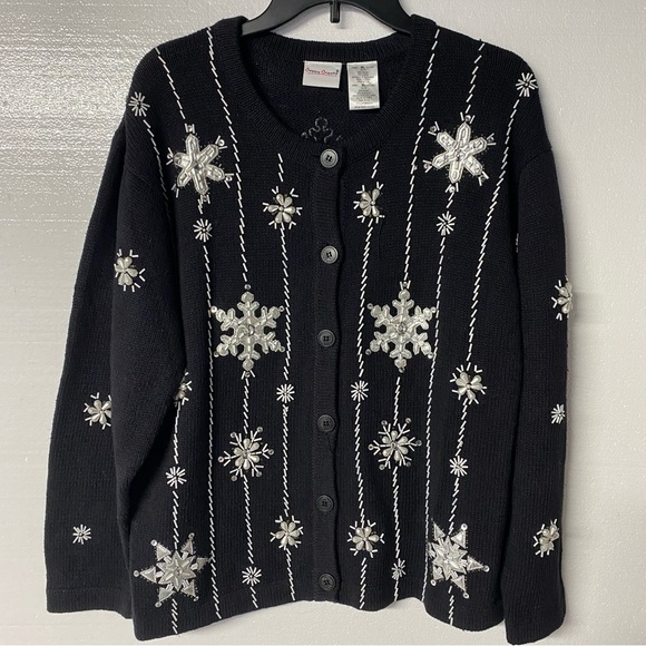 Vintage Bobbie Brooks Sweater XL Black Snowflake Embroidered Beaded Ramie Blend - Picture 1 of 11